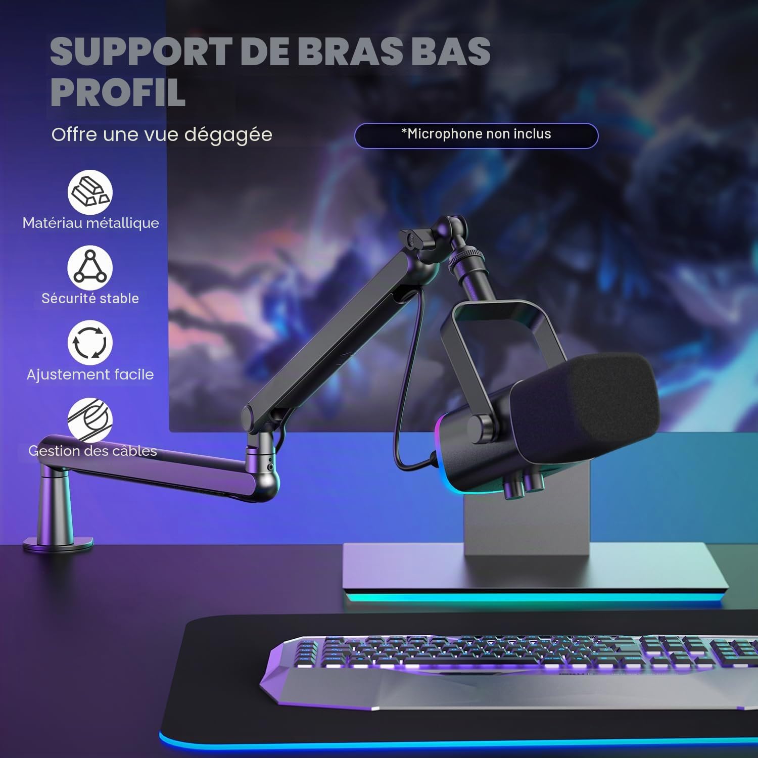 FIFINE BM88 Bras de microphone avec pince de fixation de bureau, adaptateur à vis, gestion des câbles, support de microphone à suspension pour microphone perche, pour podcast, streaming, studio de jeu