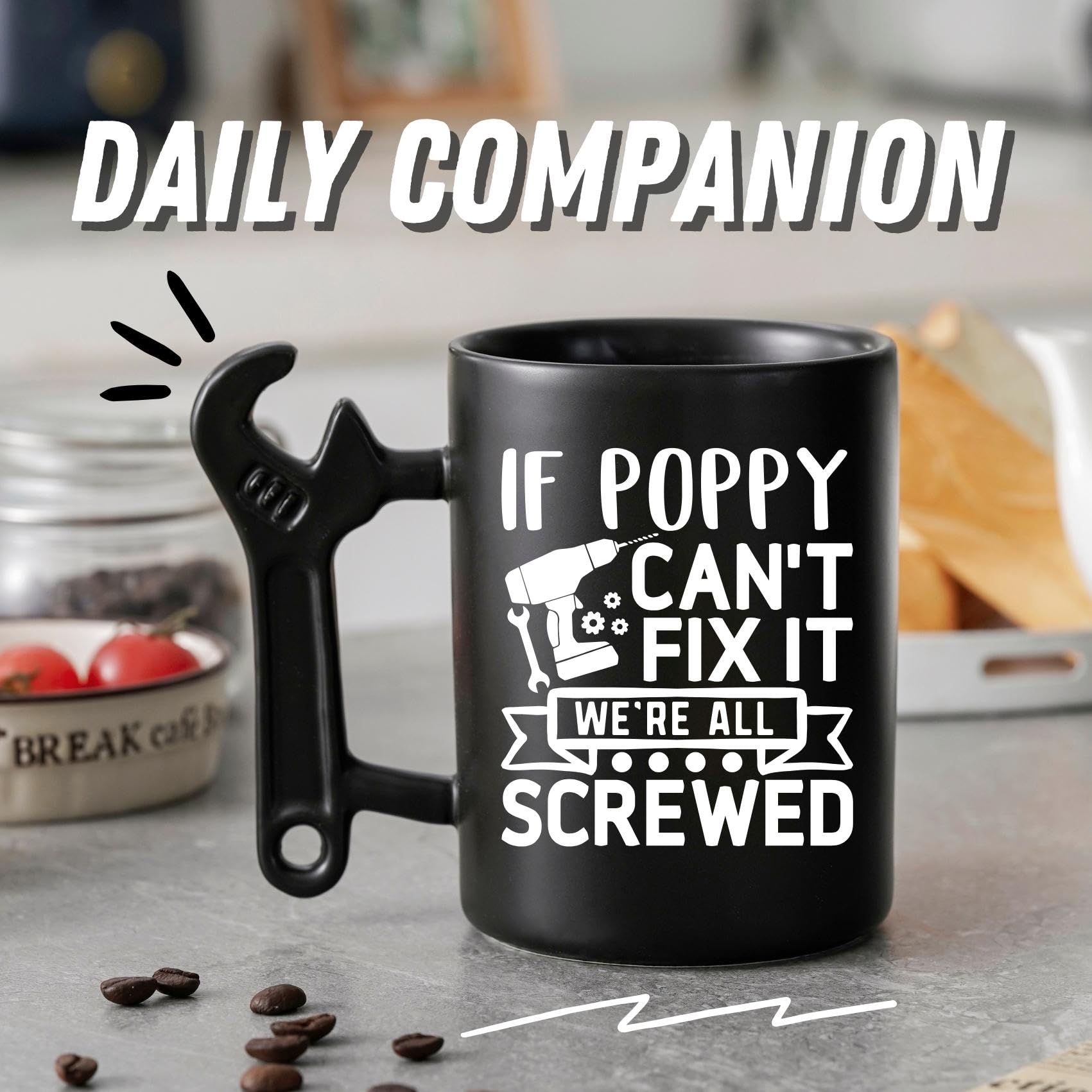 Onebttl Poppy Gifts for Fathers Day, Christmas, Coffee Mug with Wrench Handle, 13.5oz/400ml Funny Mug for Grandpa