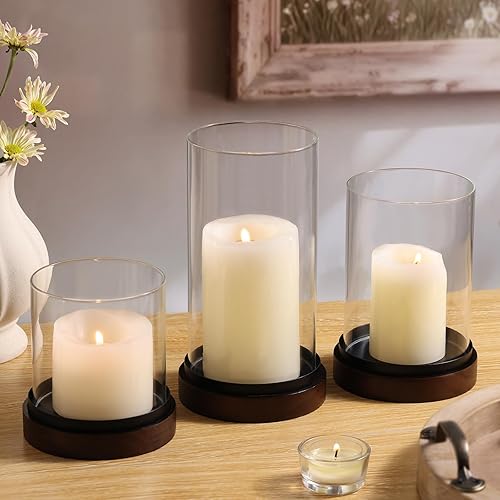 Volens Juego de 3 portavelas de vidrio Hurricane con bandeja de madera - Juego de portavelas para velas de pilar con cilindros transparentes a