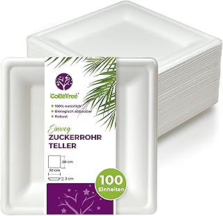 GoBeTree 100 quadratische Weiße Teller aus Zuckerrohr 20 cm, Extra Haltbare Einweg-Papierteller, für Camping, Picknicks, Partys, Grillpartys, Geburtstage