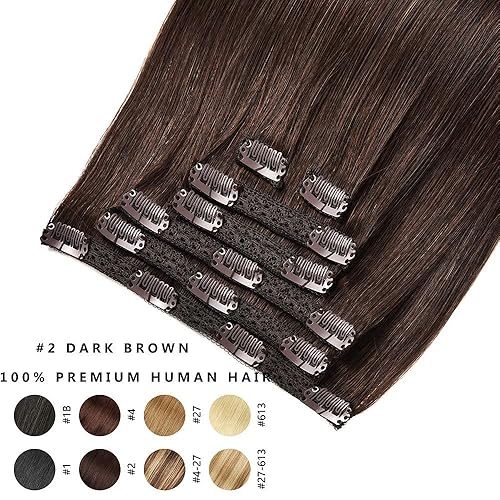Miniatura 2 de Extensiones de cabello humano Remy real con clip, de 16 pulgadas, 2.47 oz (70 g), color marrón oscuro #2, 7 unidades, 16 clips, 7 unidades,