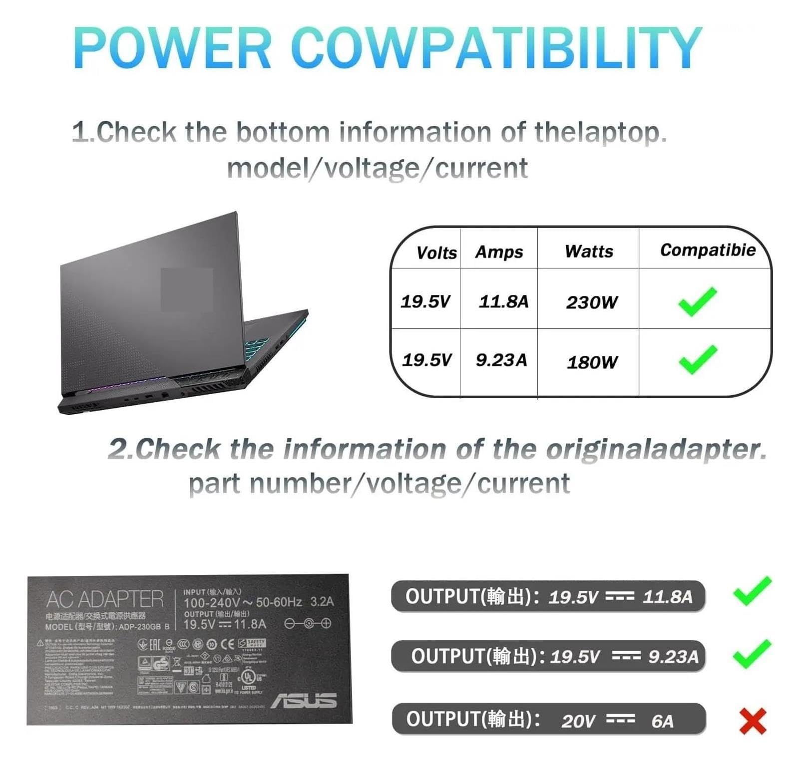 Adattatore CA for Caricabatterie Da 19,5 V 11,8 A 230 W 6,0 * 3,7 Mm, Compatibile for ASUS, Alimentatore for Notebook ROG GM501GS GX501 GX501VI-XS75 ADP-230GB(With US plug)