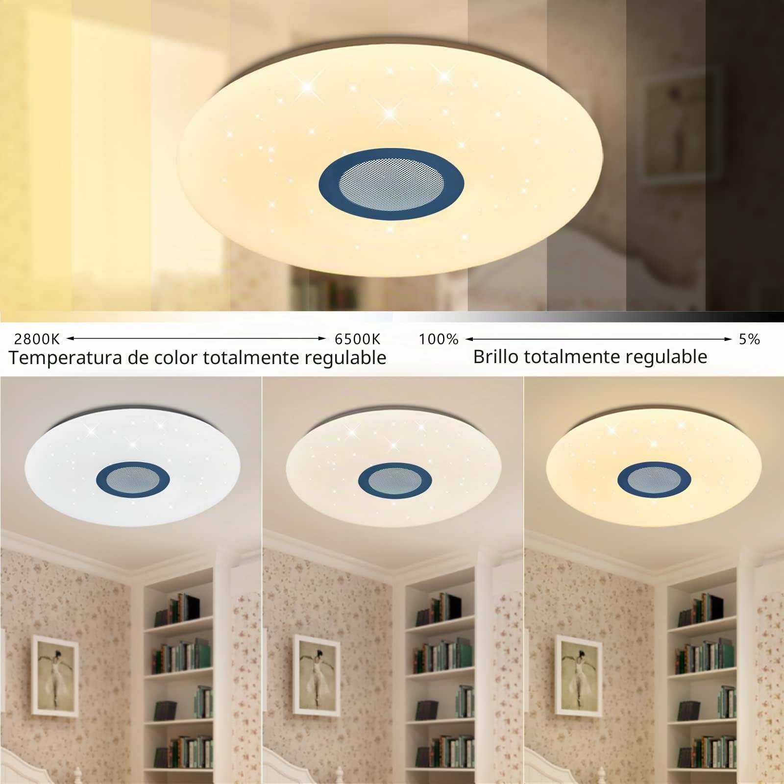 Lámpara LED de Techo Regulable con Altavoz Bluetooth, Mando a Distancia, 36W RGB Cambio de Color para Baño, Domitorios Juveniles, Salón, Lámpara de Techo Impermeable IP44