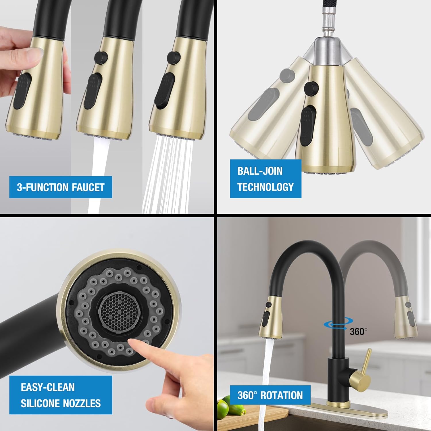Black and Gold Stainless Steel Pull Down Kitchen Faucet with Sprayer