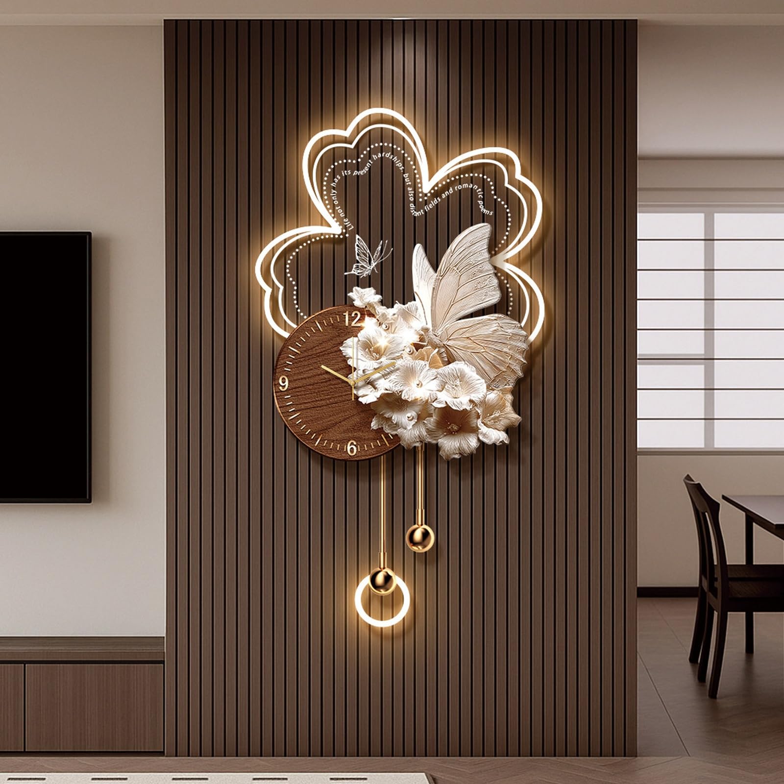 ITOSUI Butterfly-Shaped Silent Decorative Wall Clock with LED Light,Flower Decorative Wall Art,Beautiful Bedroom Wall Decor,Non-Ticking,for Living Room Dining Room Decor(Brown A,15.7 * 30.7")