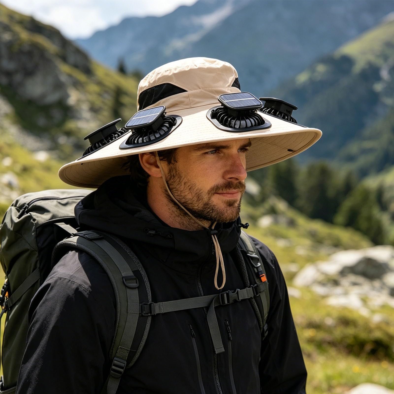 Chapeau de Soleil à Larges Bords pour l'extérieur, modèle 2026, avec 2 Ventilateurs solaires Amovibles et Protection UPF 50+. Idéal pour la randonnée et la Plage.