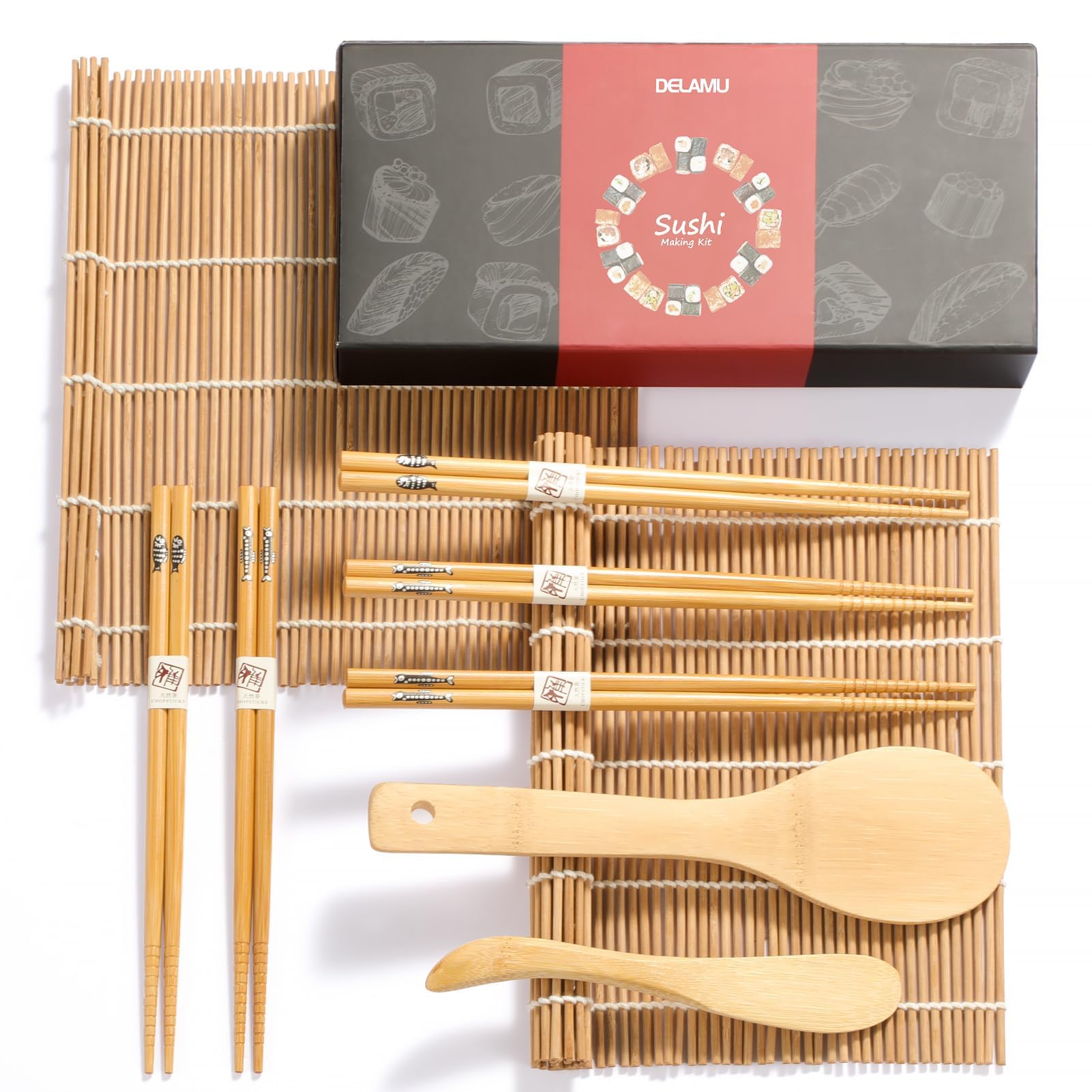 Bamboo Sushi Making Kit, Carbonized Rolling Mats for Mold-Resistant, Included 2 Rolling Mats - 5 Pairs Chopsticks - Paddle - Spreader, Roll on! Beginner Sushi Kit