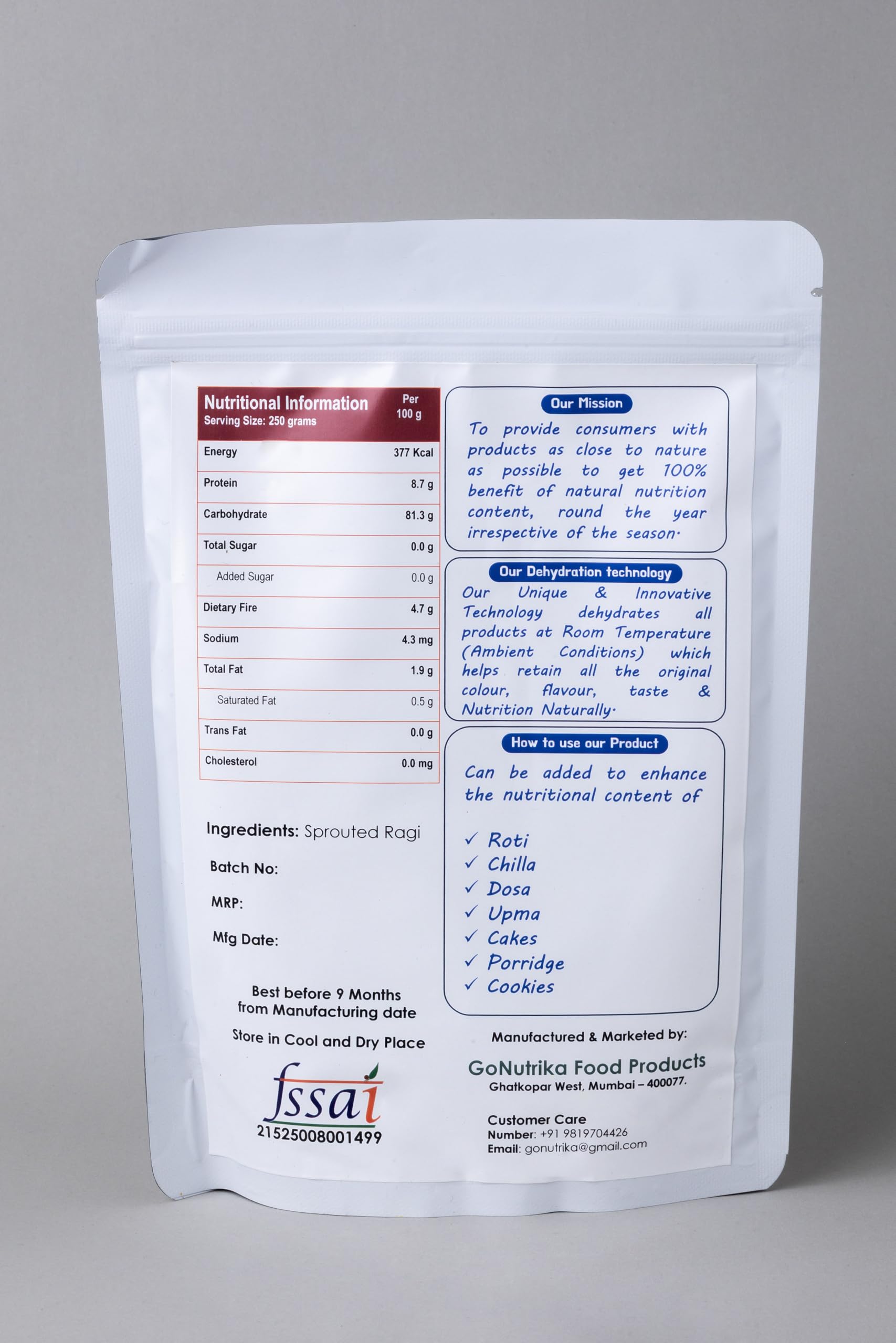 GoNutrika Sprouted Ragi Flour, Finger Millet, 100% Natural, Rich in Calcium & Iron, High Protein, High Fibre, 250 Grams 1