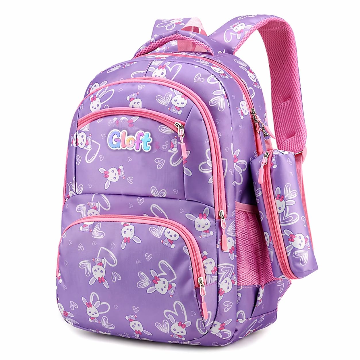 gloft Girls School Backpack, Purple with Bunny Print, Multiple Compartments, with Pencil Pouch-picture-55