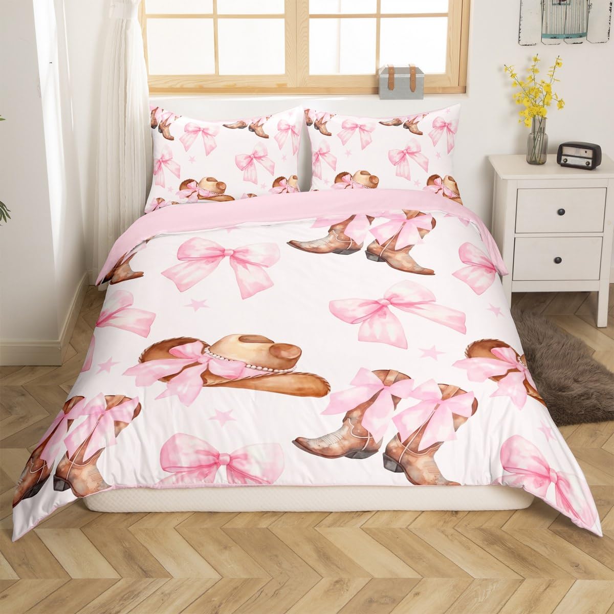 Manfei Western Cowgirl Decorations Beddding,Princess Bow Tie Duvet Cover for All Season,Pink Bowknot Cowgirl Boots Kids Bedroom Decor Comforter Cover(No Filler) Full Size,3PCS