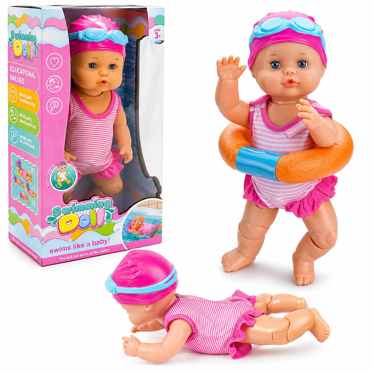 Toyana Swimming Doll - 33 Cm, Lifelike Floating Baby Born Doll with Moving Arms & Legs Bath Tub & Pool Toy, Cute Removable Costume, Waterproof Swim Doll for Bathtime Play Fun Gift Toy โ image 1
