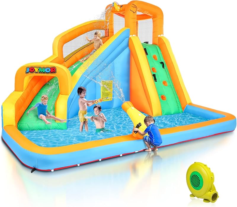 JOYMOR Parque de tobogán acuático inflable con pileta de chapoteo, muro de escalada, cañón de agua, toboganes de agua inflables para patio trasero, diversión al aire libre, juegos acuáticos de verano para fiesta, regalo de cumpleaños (naranja y amarillo)