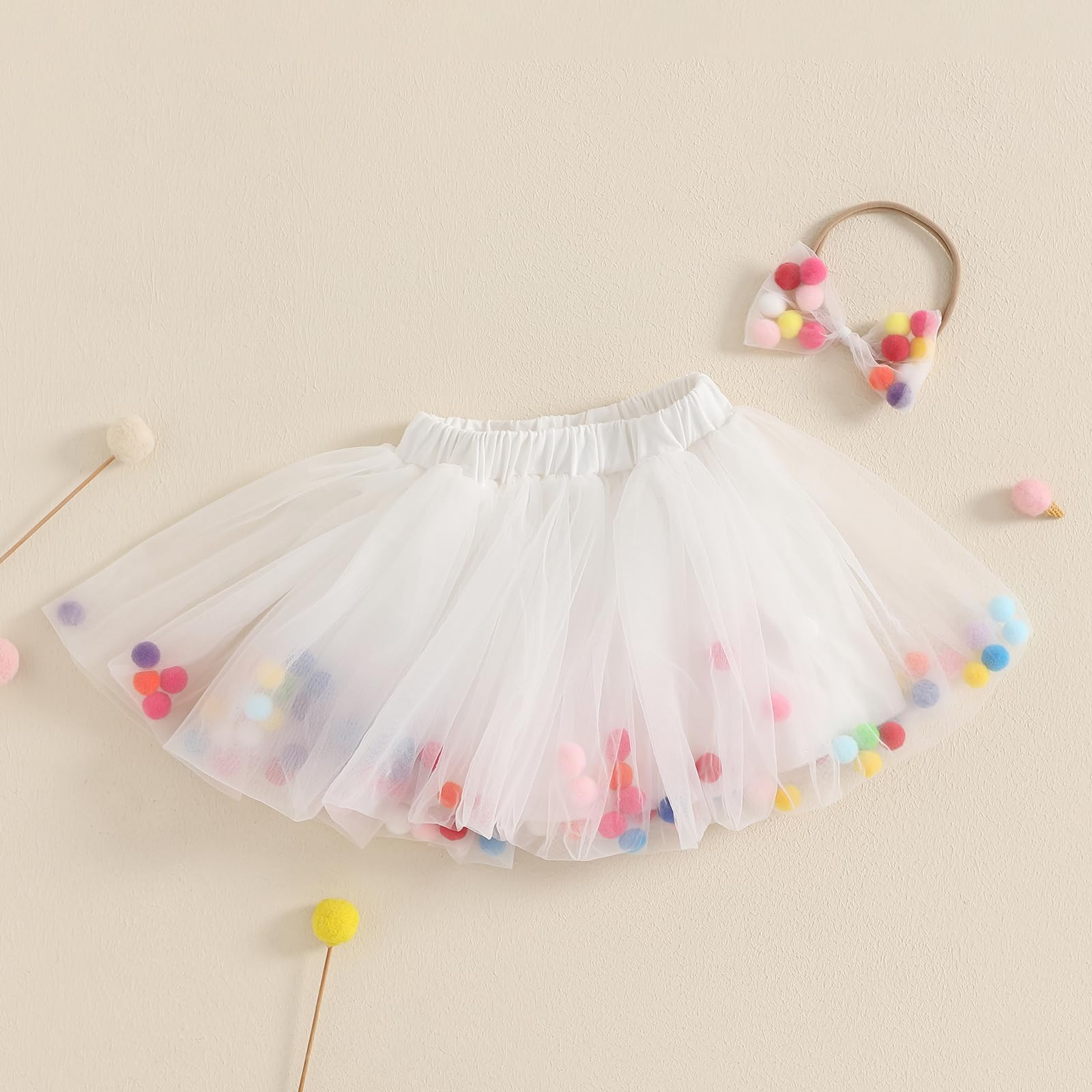 ?1-5T Toddler Baby Girl Skirt Party Skirt Tulle Lace Skirt Rainbow Plush Balls Tutu Dress A Line Skirt Summer Clothes (White, 12-18 Months)
