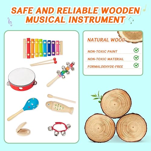 Miniatura 4 de Juego de instrumentos musicales para niños pequeños, 10 unidades, 7 tipos, instrumentos de percusión de madera, pandereta, xilófono, juguetes para