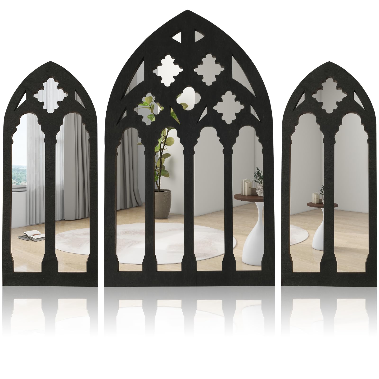 3Pcs Gothic Mirrors Wall Decor Arched Window Wall Mirror Cathedral Arched Mirror Decor Self-Adhesive Arched Mirror Wall Hanging