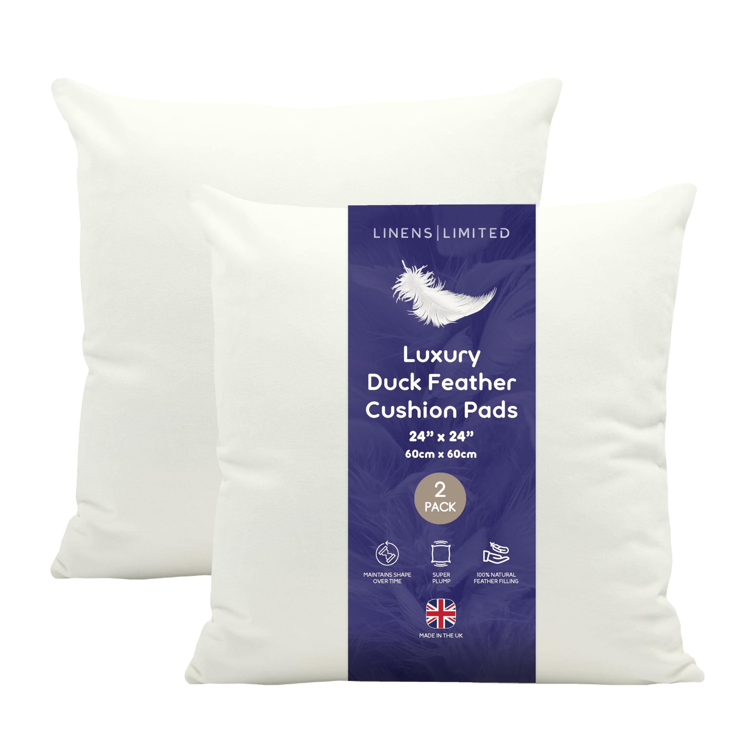 Linens Limited - Cushion Insert 60cm x 60cm, Soft & Plump Natural Duck Feather Sofa Cushion Pad, Elegant, Versatile, Easy to Clean, Large Square Cushion Inner, Perfectly Fits Covers (White) (2 Pack) โ image 1
