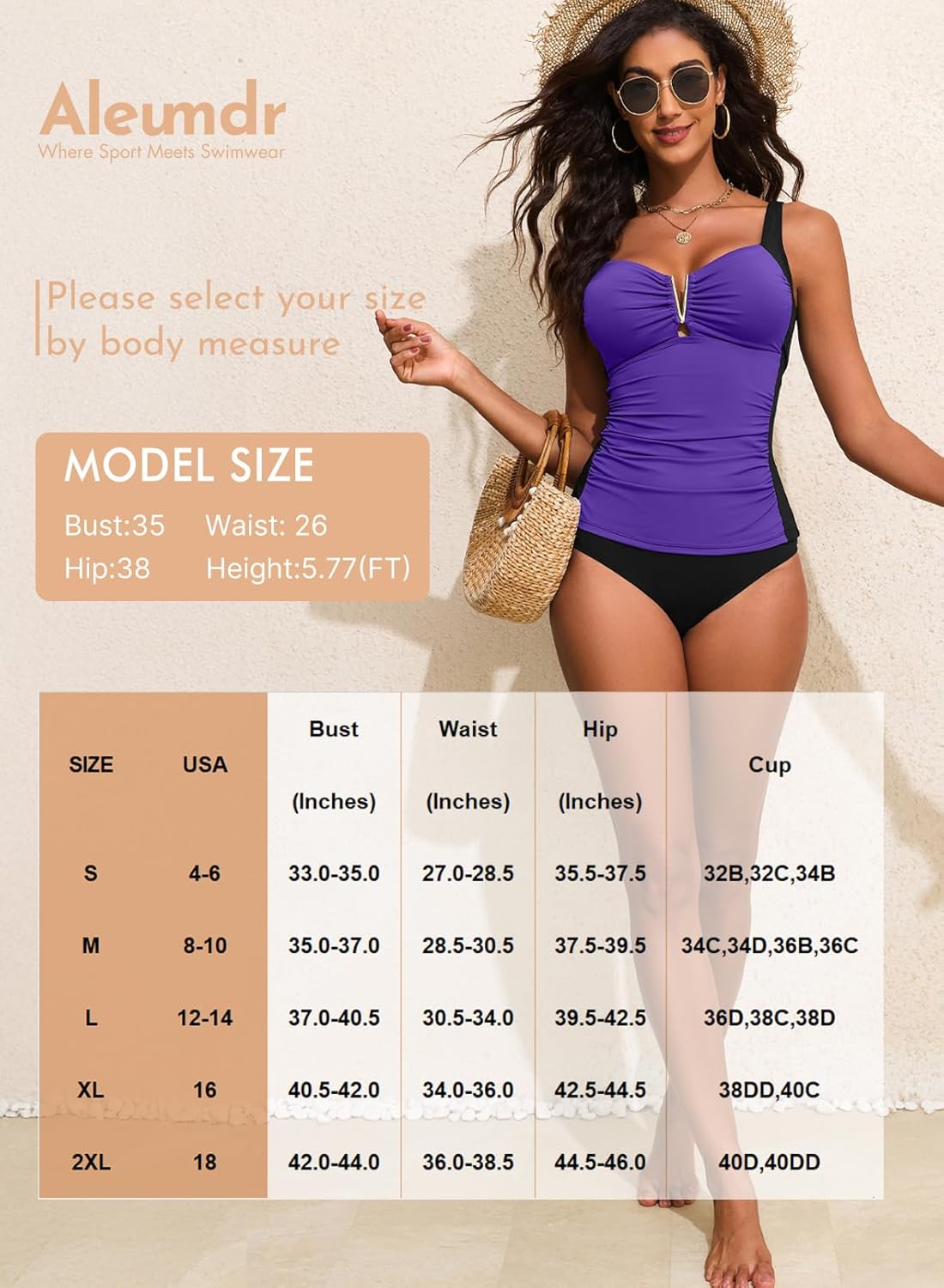 Aleumdr Women's V-Wire Tankini Sets Ruched Two Piece Swimsuit Bathing Suit Color Block Swim Tops with Bottoms - Image 6