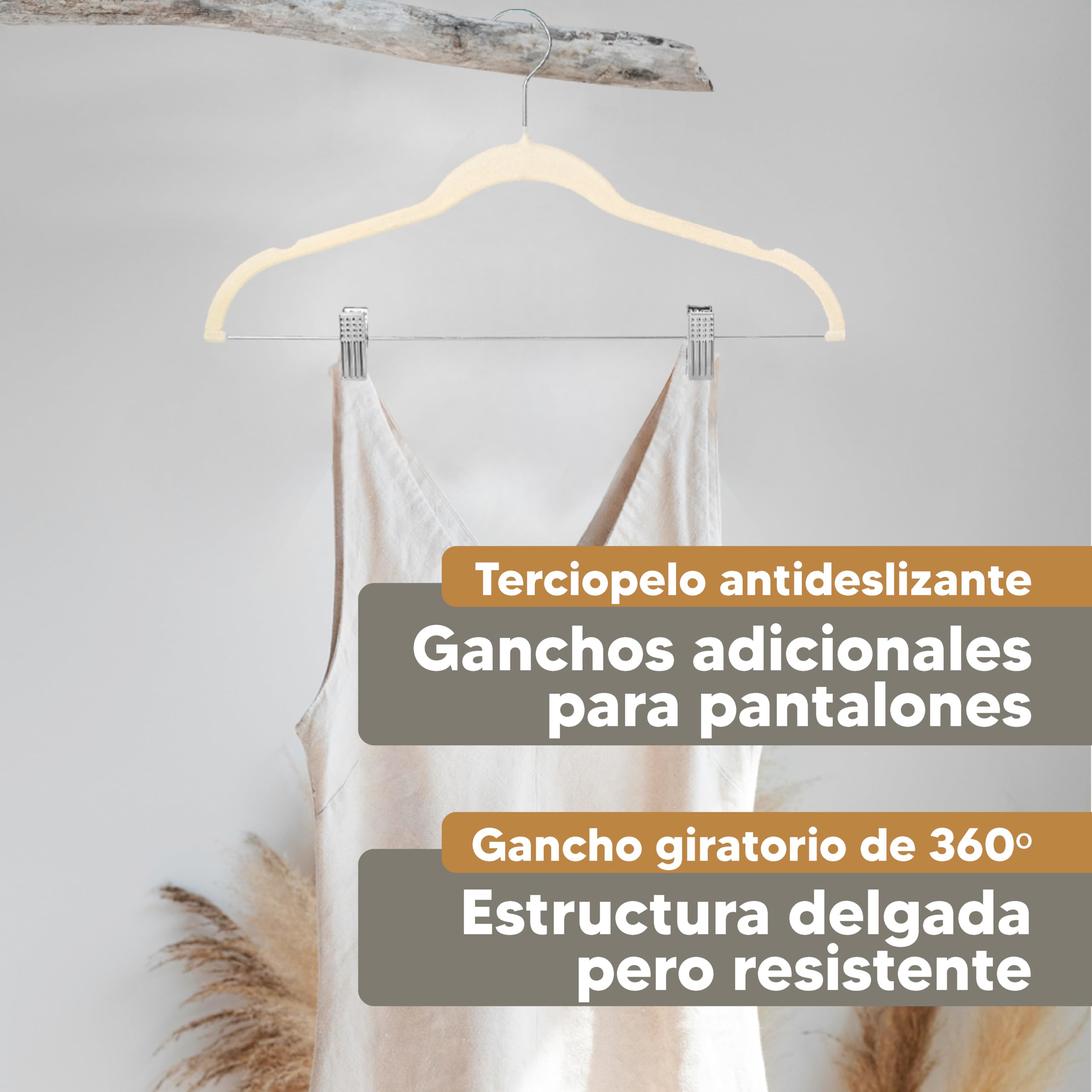 12X Perchas Terciopelo Beige Antideslizantes con Pinzas - Colgadores de Ropa Terciopelo Finas para Pantalón - Perchas Ropa Terciopelo Multifuncional con Gancho 360º