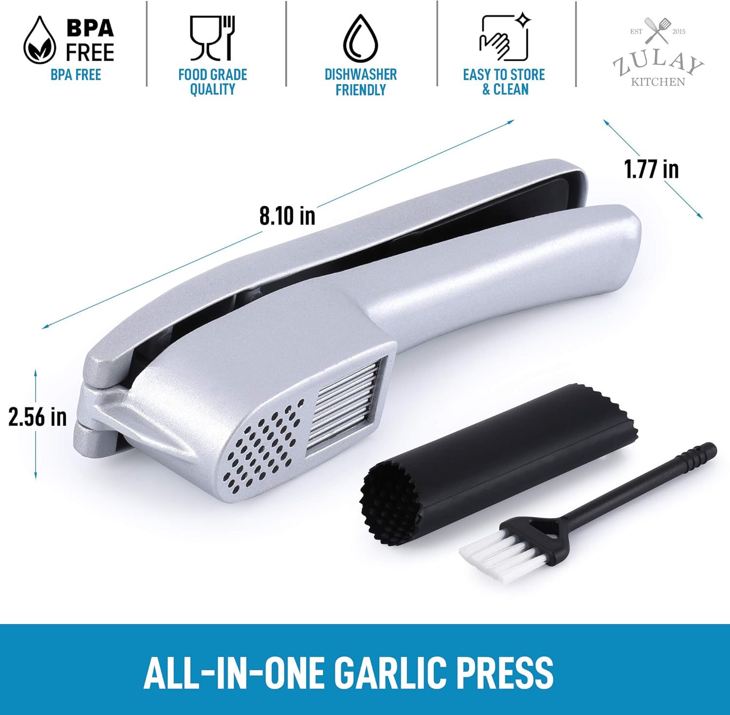 Zulay 2-in-1 Garlic Press Set - Dual Function Garlic Mincer & Slicer - Heavy Duty Easy Squeeze Garlic Crusher with Cleaning Brush & Silicone Garlic Tube Peeler: Home & Kitchen