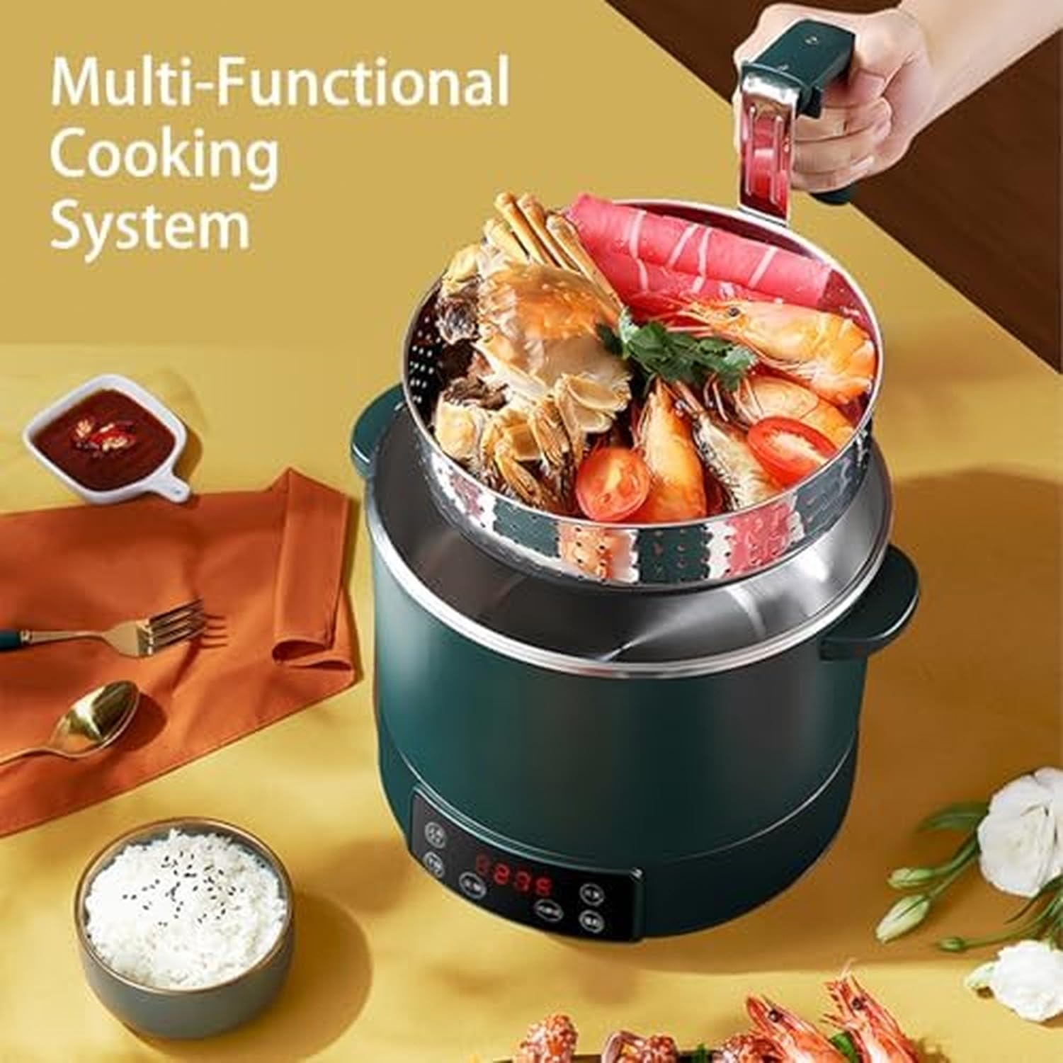 Smart Rice Cooker z koszem na parze, funkcja gotowania o niskiej zawartości cukru, zegar opóźnień 12H dla zdrowych posiłków rodzinnych, operacja jednym dotykiem,