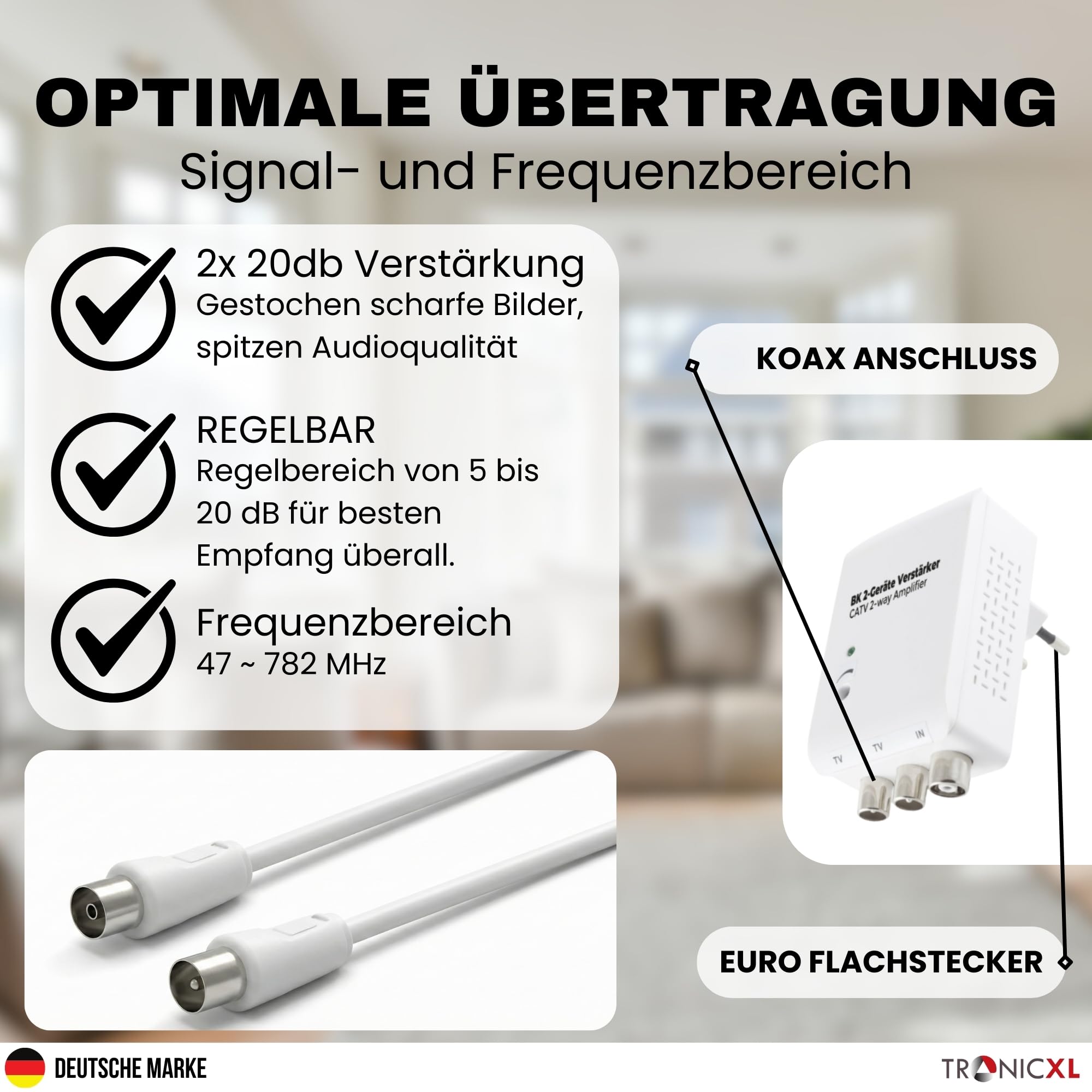 TronicXL Zweigeräteverstärker 2x20dB CATV Verstärker Kabelfernsehen TV Signalverstärker passend für Vodafone PYUR 1&1 Netcologne EWE Kabel DVBC & DVB-T Antennenverstärker