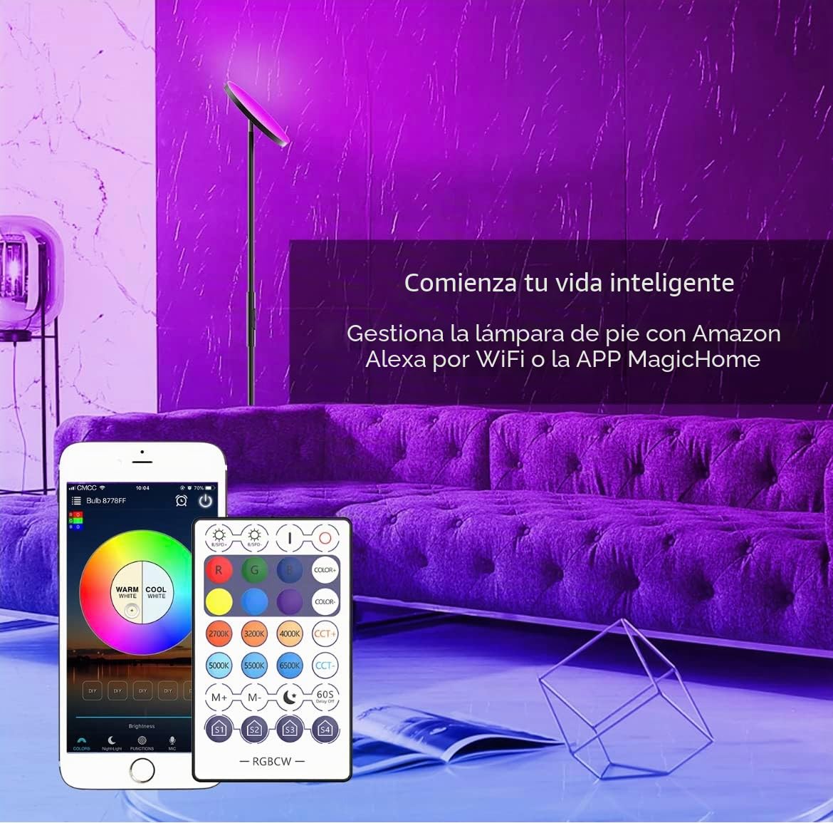 BEL AIR HOME - Lámpara de Pie LED RGB + CTT SMART con Control de APP Compatible con Alexa y Google Assistant - Luz Regulable para Salón, Lectura y Decoración (NEGRO)
