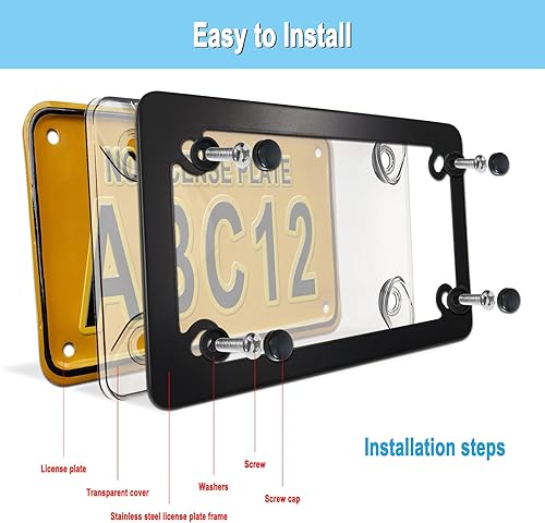 Miniatura 4 de Fundas para matrícula de motocicleta protector de placa de matrícula de burbujas y marco de metal de acero inoxidable negro, cubierta protectora