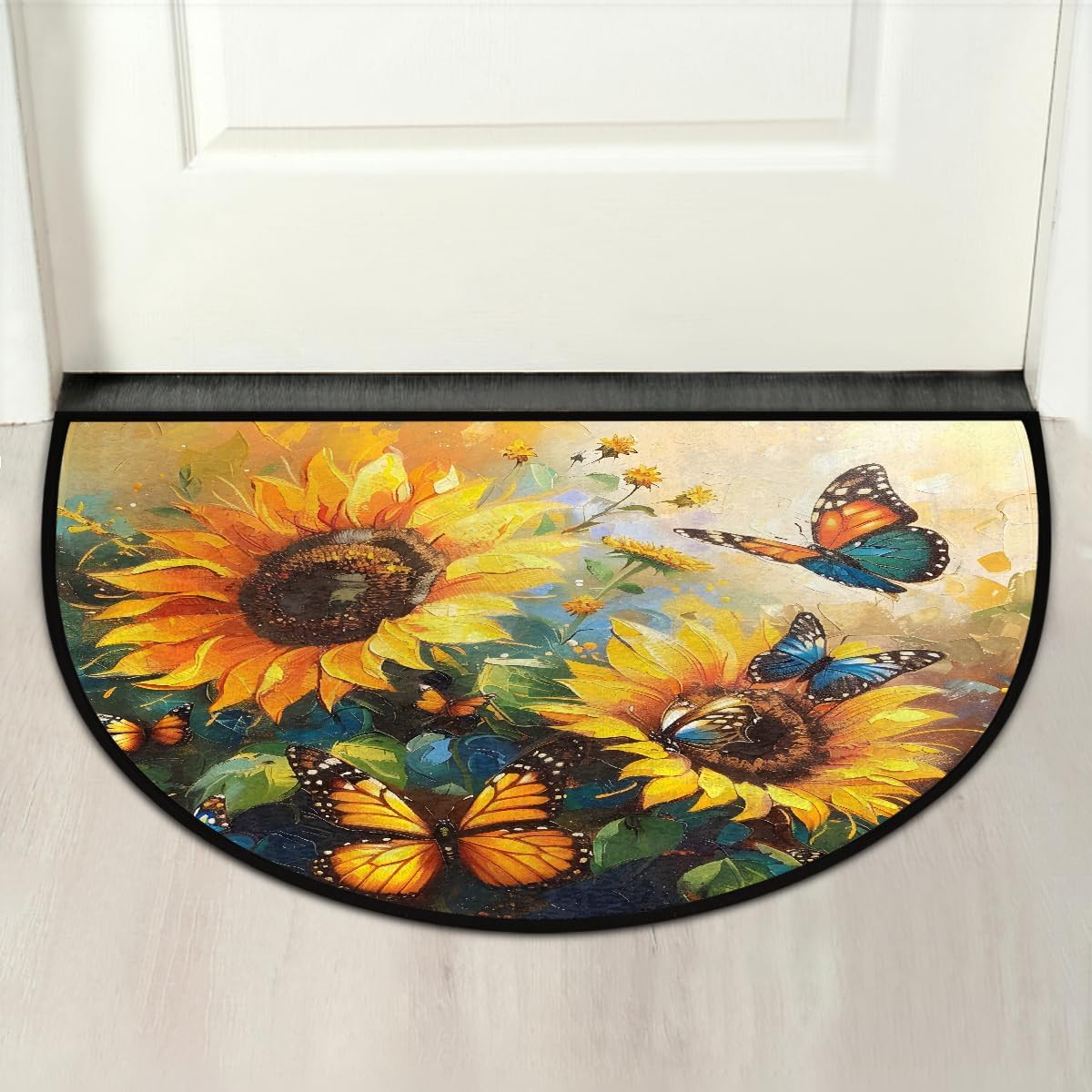 Flower Sunflowers Butterfly Half Round Door Mat Non Slip Washable Semi Circle Area Rug Absorbent Soft Half Moon Rug Floor Mat for Indoor Outdoor Kitchen Bathroom Patio Front Door Mat Decor