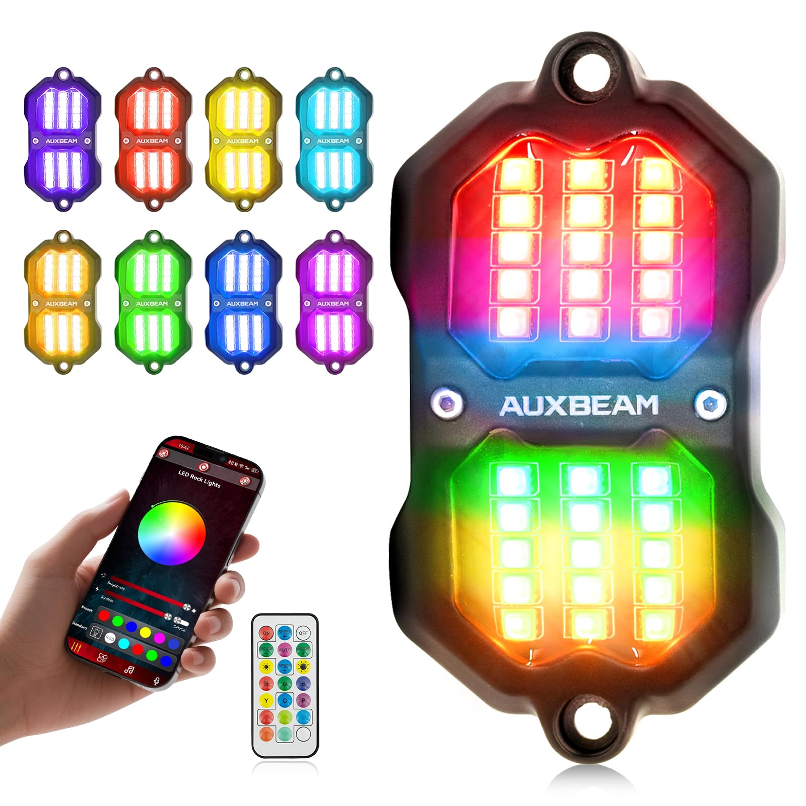 Auxbeam 8 Pods Chasing Color RGB LED Rock Lights, Bluetooth APP&Remote Control, Wheel Well Lights w/Brake Mode, Music&Voice Sync Underglow for Trucks Offroads RVs Boats Waterproof, 1 Year Warranty