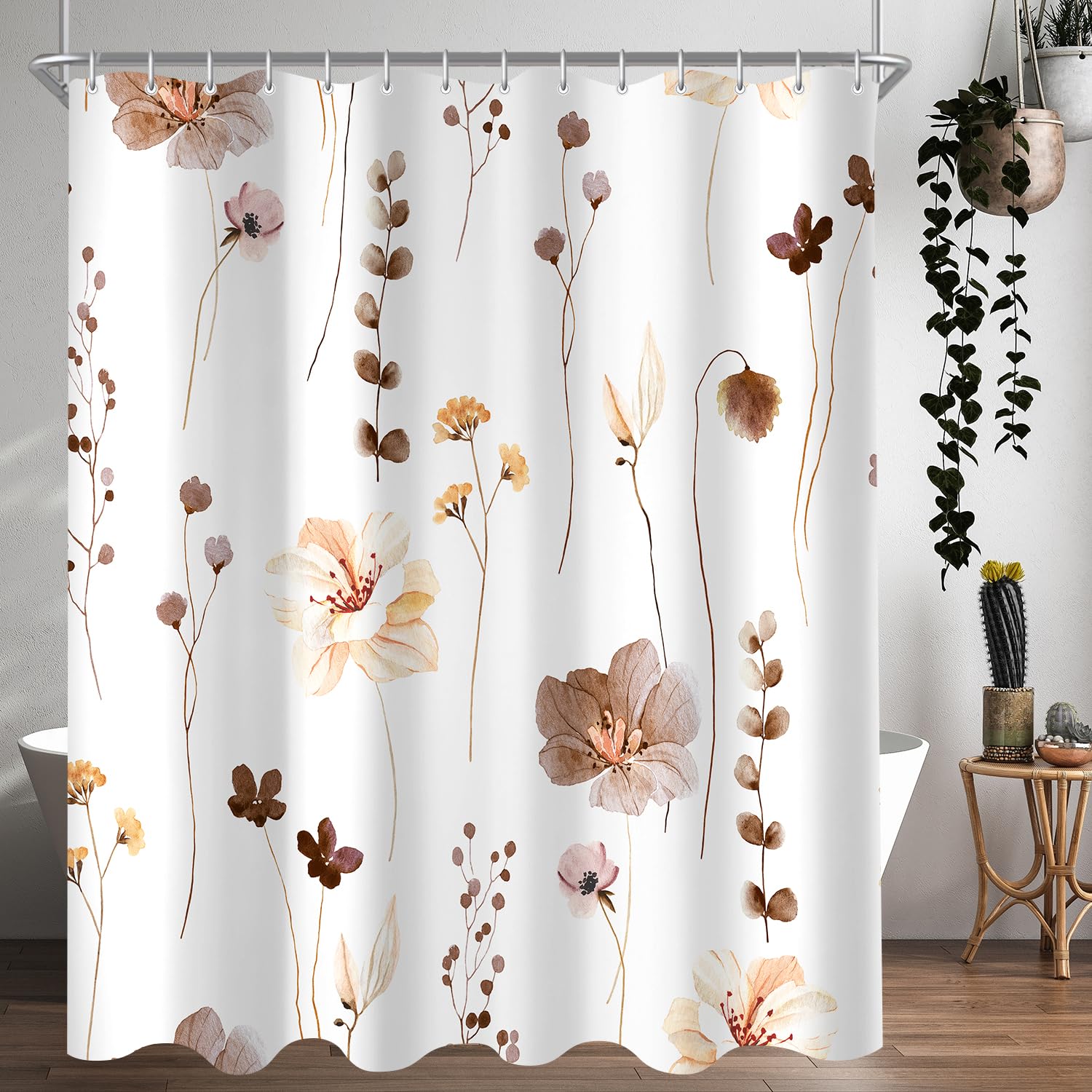 Lerores Cortina de ducha de 180 x 200 cm, diseño de flores marrones, dobladillo con peso, antimoho, impermeable, lavable, de poliéster con 12 ojales y anillos de cortina de ducha para baño, bañera