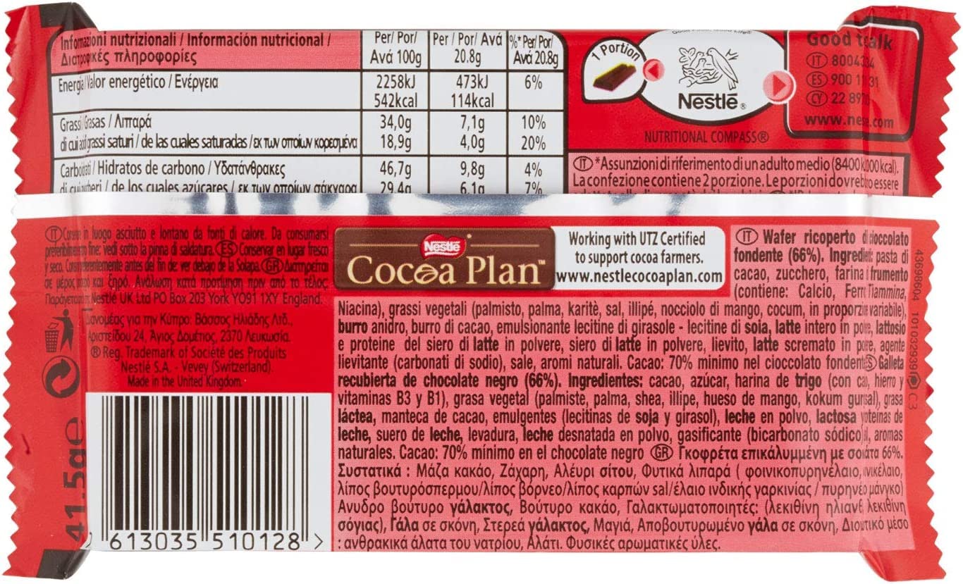 Italian Gourmet KIT KAT 4 Finger Dark, barretta fondente 66%, 72 x 41,5g | Knusprige Waffel mit Kakaoüberzug; snack al cacao porzionato per feste, Gesamtnettogewicht 2,988 kg + Kostenlos Polpa 400g