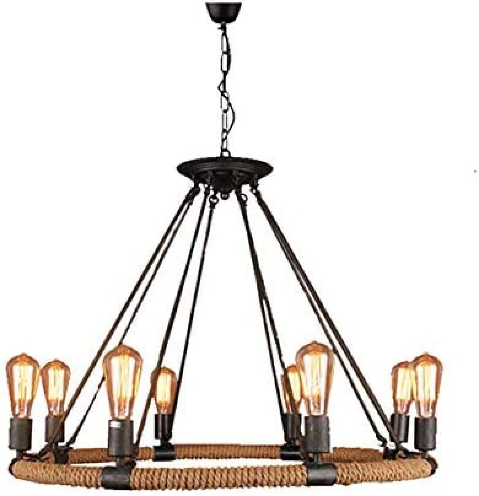 KXEcoLife Industrial Hemp Rope During Light 6-Lights Rustic Chandelier Round Wagon Wheel Ceiling Fixture with for Bar Warehouse Hearth Farmhouse-,Black Rope,6 Head,Pleasant63