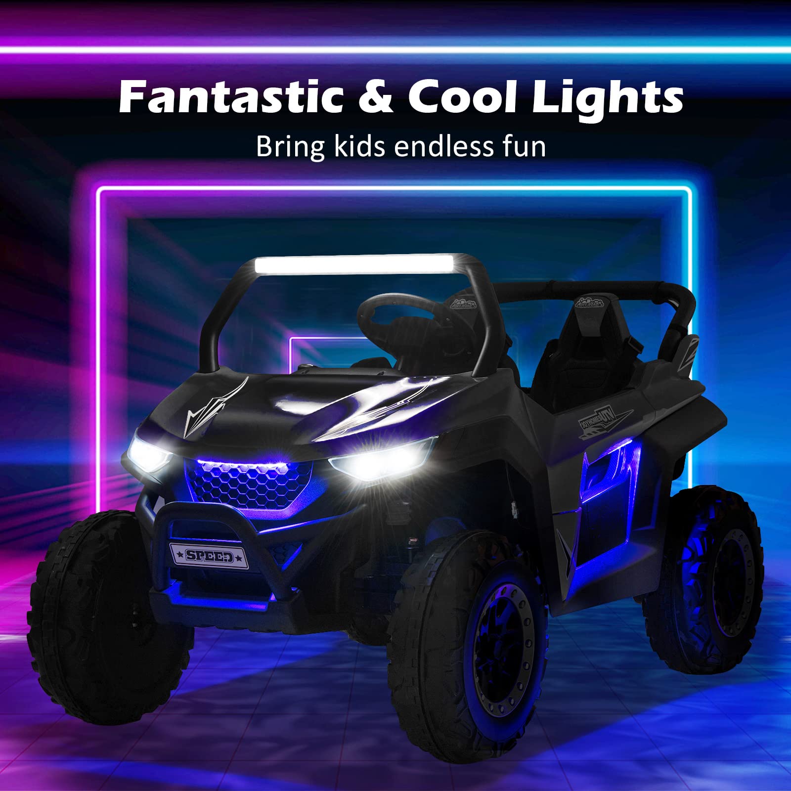 Costzon 2-Seater Ride on Car for Kids, 12V Kids' Electric Vehicles w/Remote Control, 4 Shock Absorbers, Wireless Music & FM, 3 Speeds, Ambiance Lights, Kids Electric UTV, Electric Car for Kids (Black)