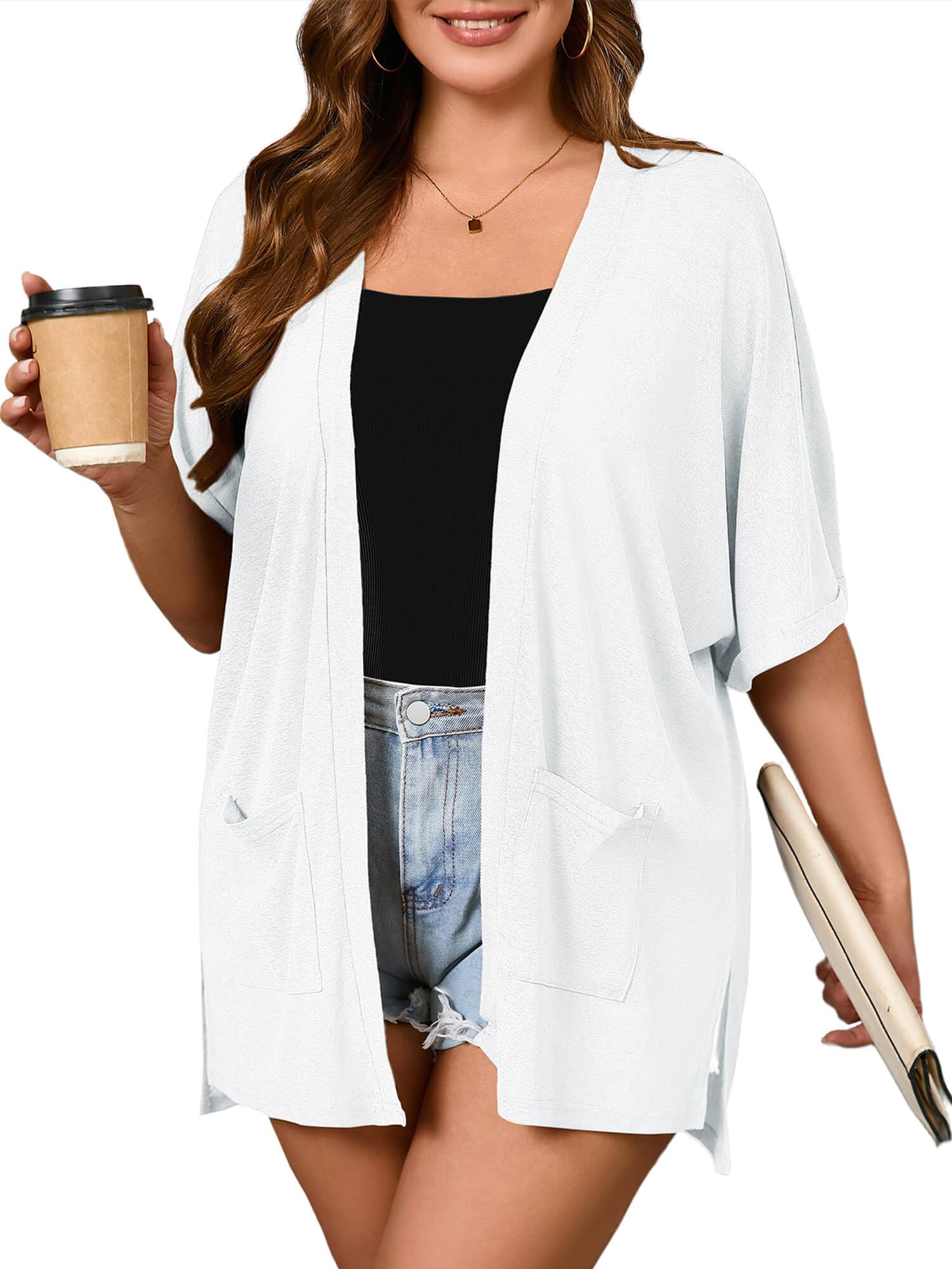 AusLook Women's Plus Size Lightweight Cardigan Open Front Short Sleeve Summer Casual Loose Cover Ups Kimono Tops with Pockets