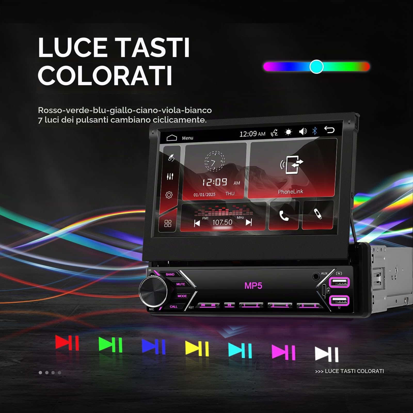 Autoradio 1 Din con Schermo Manuale Retrattile 7 Pollici Touch Bluetooth Mirror Link Cablato per iOS/Android - Controllo Volante, FM Radio e USB Type-C per Veicoli Standard