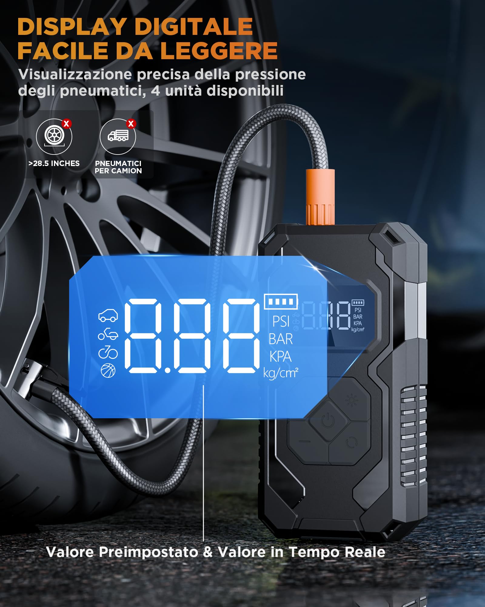 Tire Inflator Compressore Aria Portatile Senza Fili 150PSI, Batteria Ricaricabile con Manometro Digitale, Auto Spegnimento e Luce LED, Gonfiatore Elettrico per Auto, Moto, Bici, Palloni, Nero