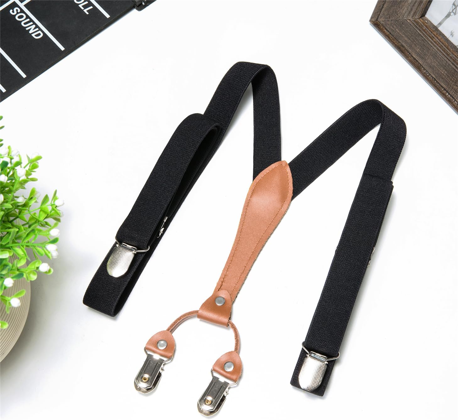 Buyless Fashion Men Suspenders - 48" Elastic Adjustable Straps 1" - Leather Y Shape Back