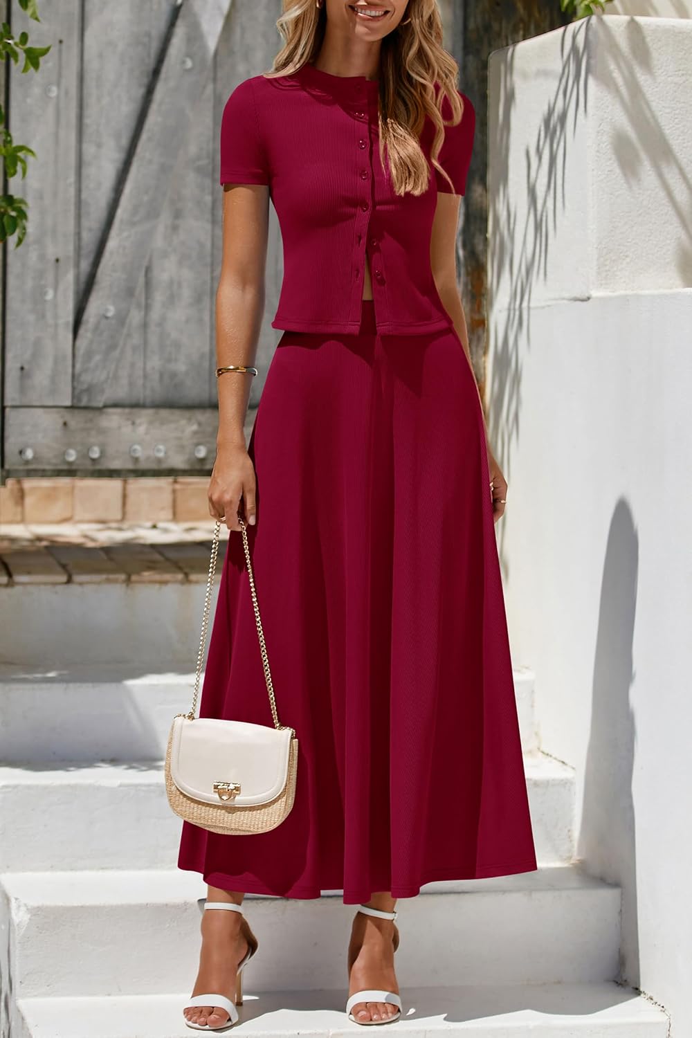 PRETTYGARDEN Women's 2 Piece Skirt Sets Summer Short Sleeve Button Up Knit Crop Top Flowy Maxi Skirts Travel Vacation Outfits - Image 4