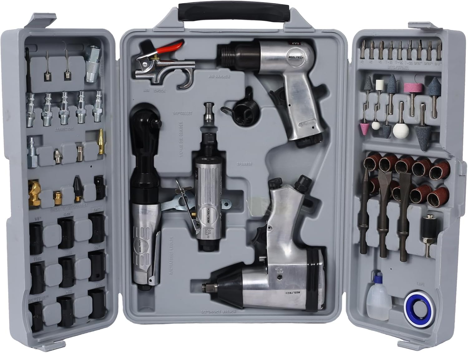 Air Tool and Accessories Kit, 71 Piece, Impact Wrench, Air Ratchet, Die Grinder, Aire Hammer, Hose Fittings, Storage Case
