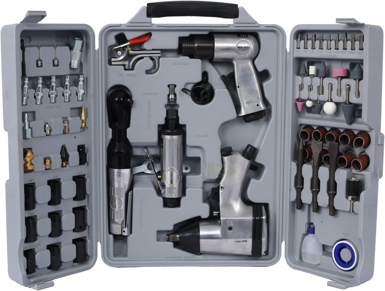 71 Piece Air Tool and Accessories Kit - 1-1/2'' Impact Wrench, Air Ratchet, Die Grinder, Aire Hammer, Hose Fittings, Storage Case