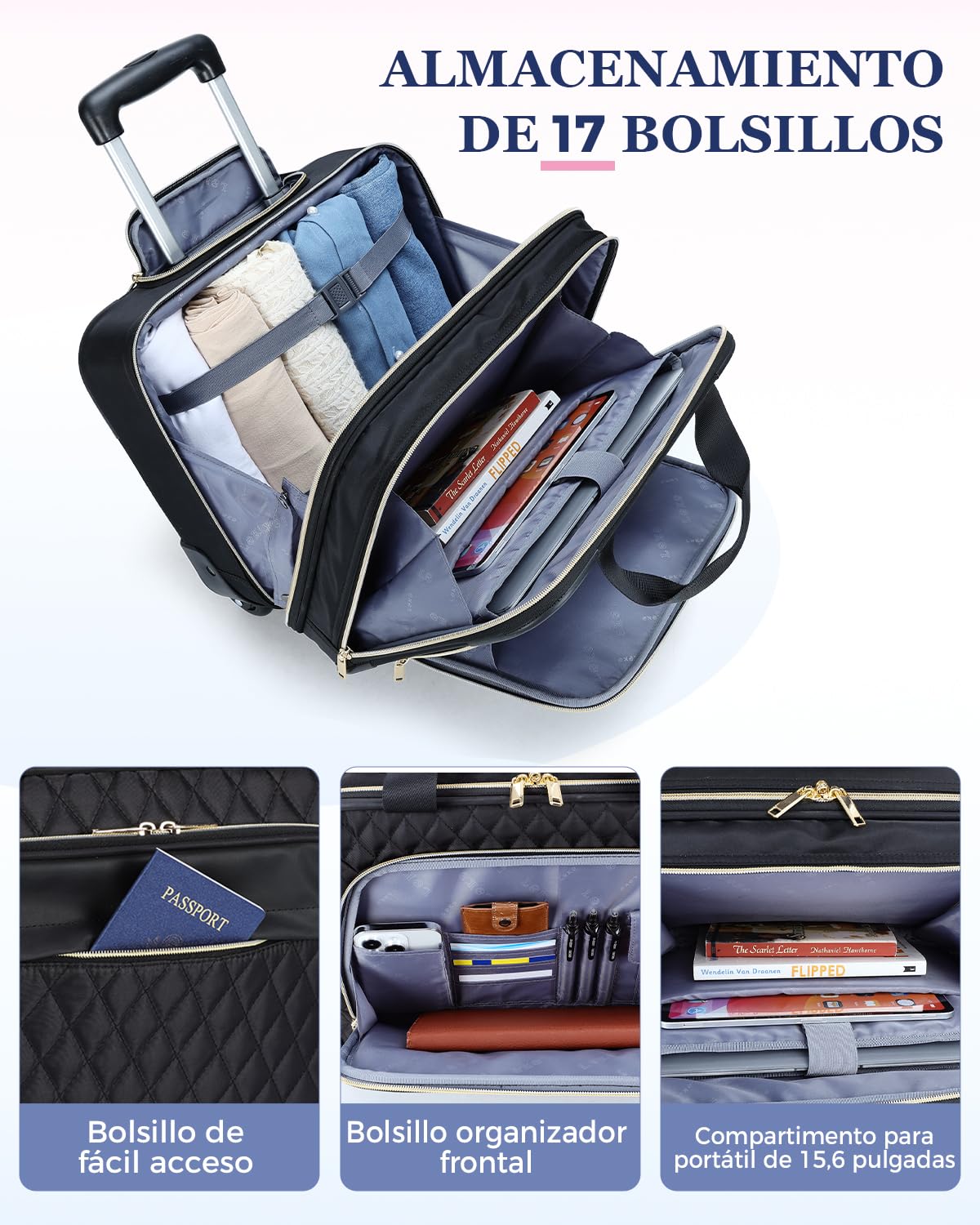 Ponhog Maletin con Ruedas Portatil 15,6 Pulgadas para Mujer, Impermeable Laptoptasche mit Rollen para Negocios, Viajes, Escuela, Negro