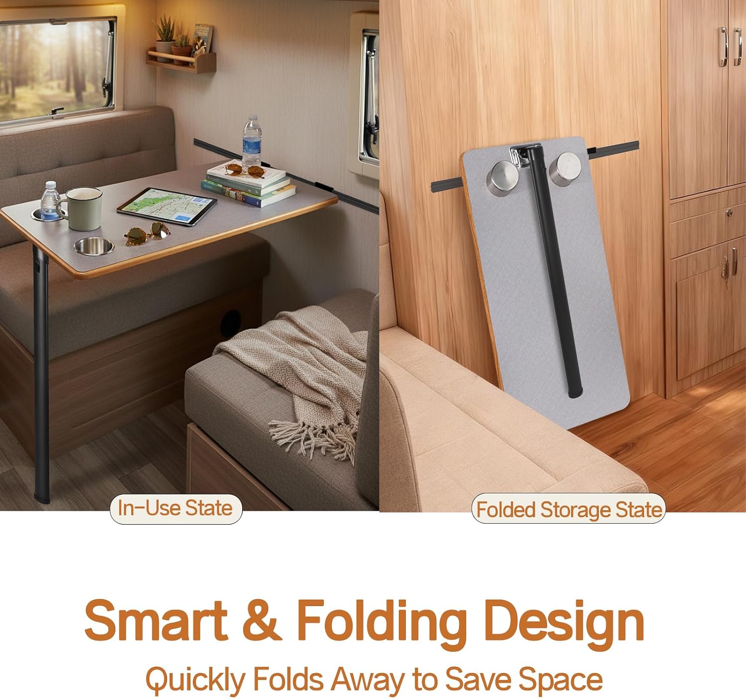 RV Folding Table Kit - Compact & Durable Workstation with Drink Holders, Aluminum Leg & Rail,Wall Mounted Space-Saving Desk for Camper, Yacht, Trailer (Black)