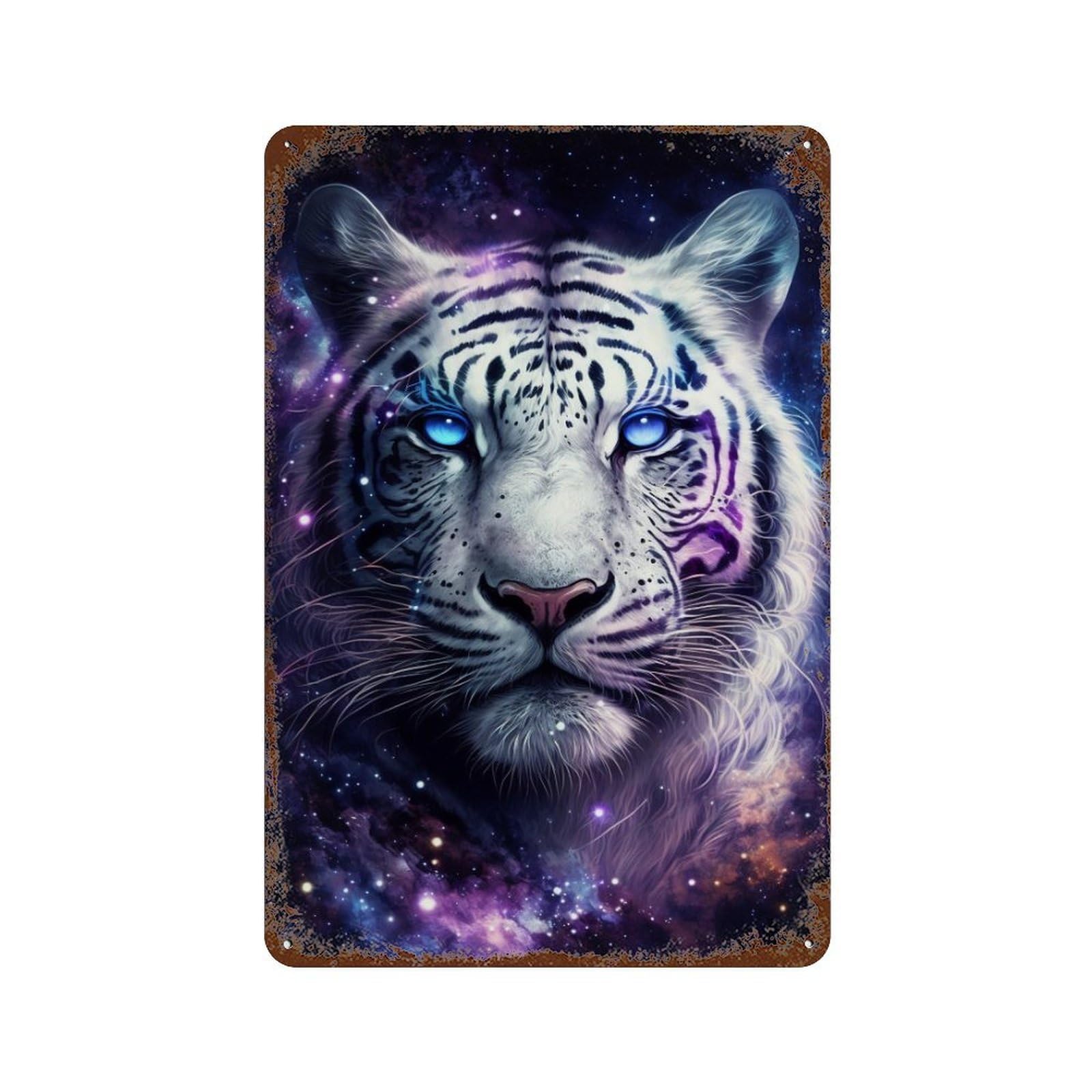 Retro Metal Sign with Galactic Tiger Portrait -10 Design 11.8"x7.9", for Farmhouse, Kitchen And Entryway Decor, Shabby Chic Decor