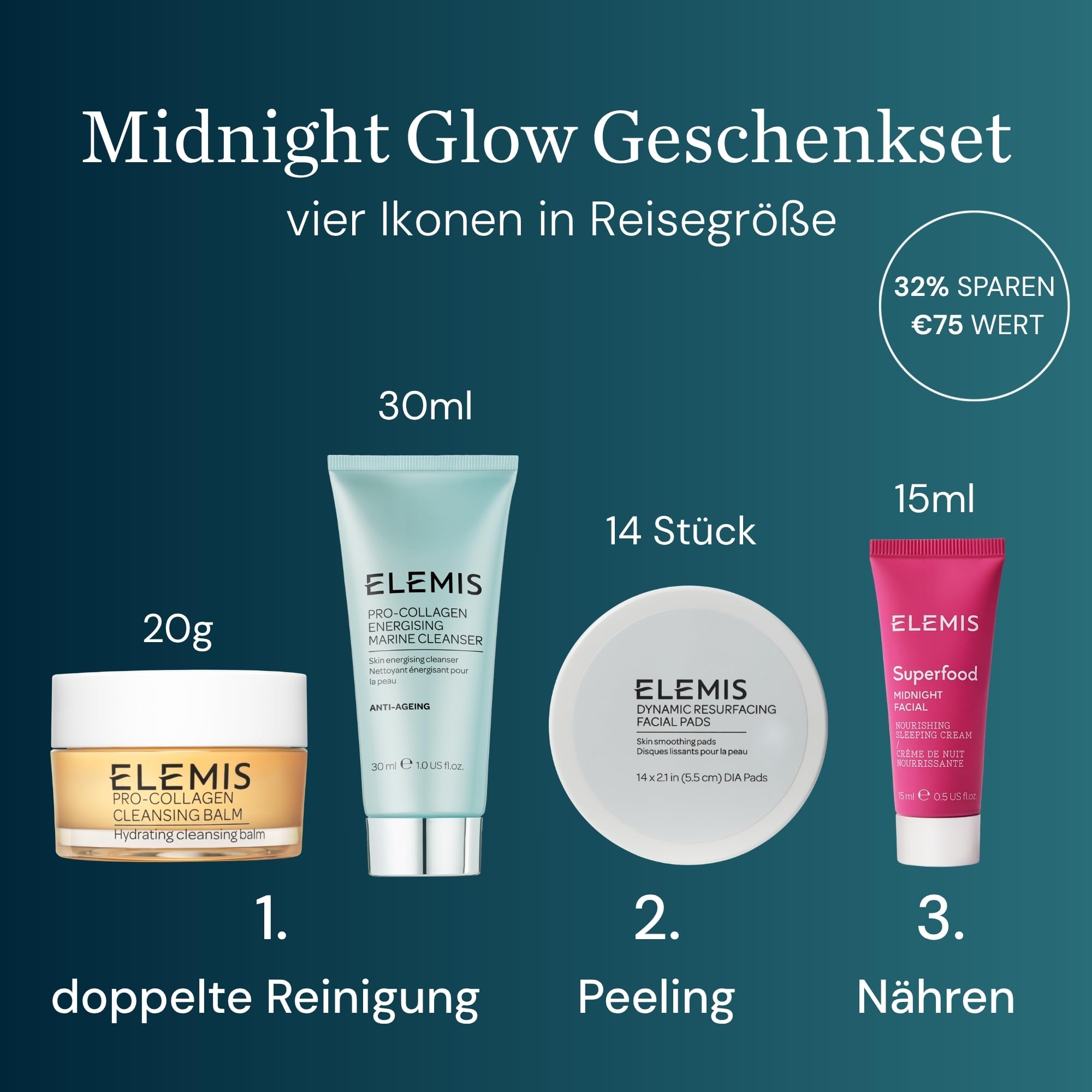 ELEMIS Midnight Glow Geschenkset – Superfood Midnight Facial, Pro-Collagen Gel Marine Cleanser & Reinigungsbalsam, Dynamic Resurfacing Facial Pads, Anti-Aging-Hautpflegegeschenk