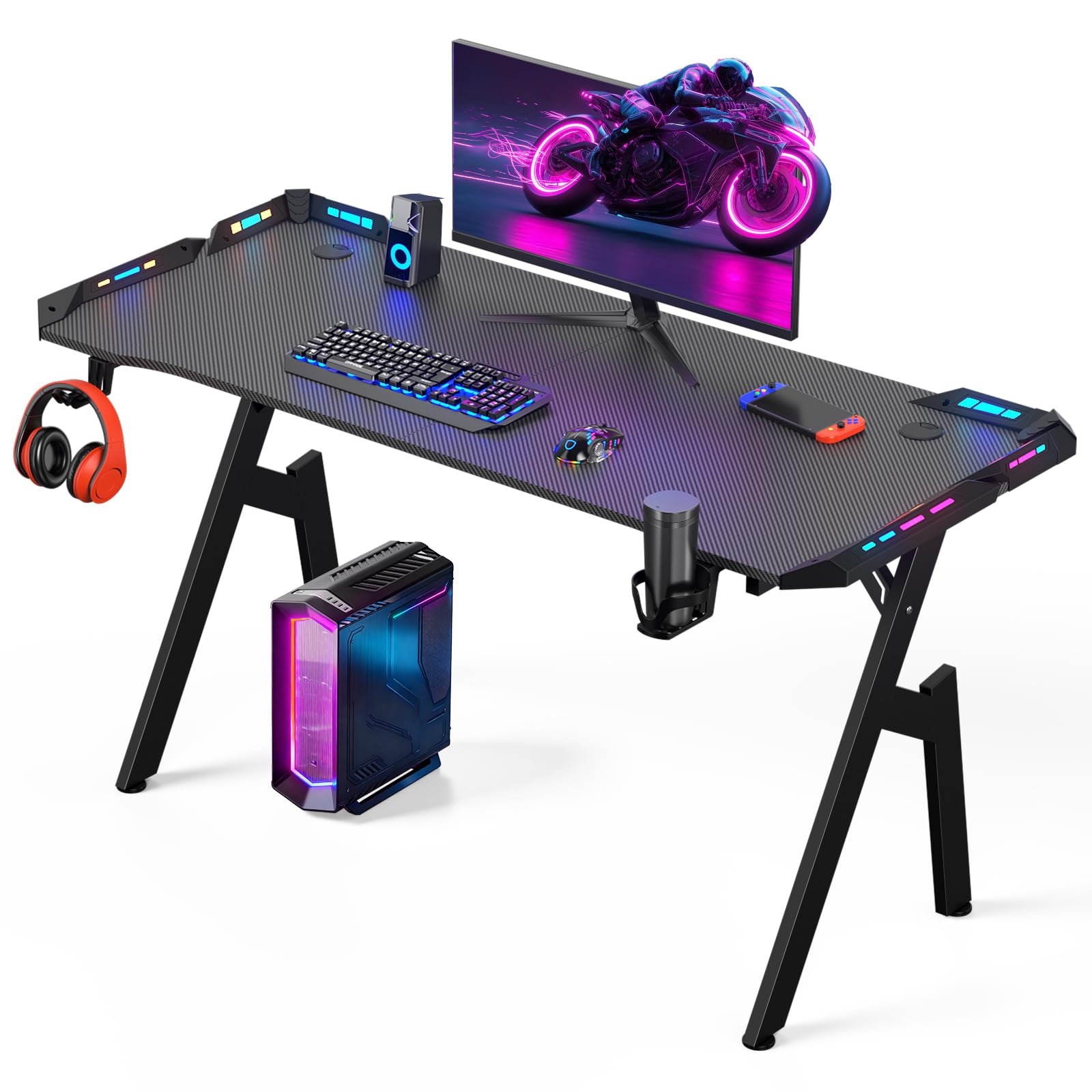 Warmiehomy Gaming Desk with LED Lights 140 x 60cm Computer Desk, Black