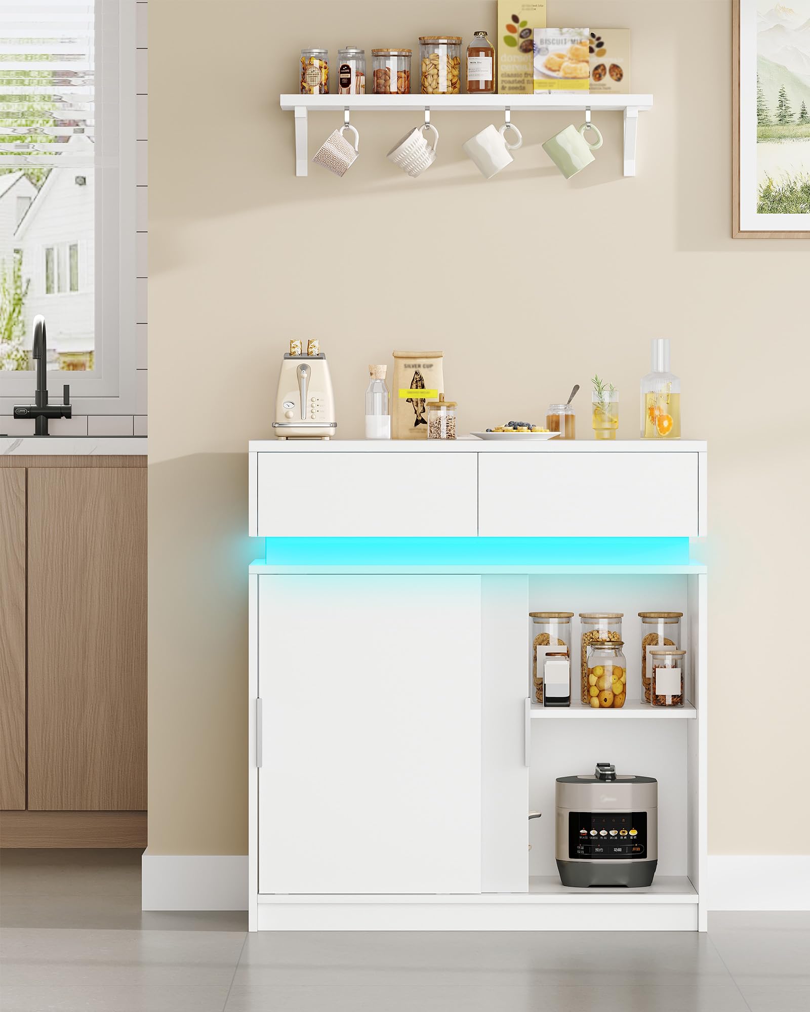 Hzuaneri Aparador, Armario de Cocina con 2 Puertas Corredizas, 2 Cajones, Regleta y Tira de Luces LED, Estantes Ajustables, Estilo Moderno, para Cocina o Salón, 40 x 80 x 85 cm, Blanco SC00203XEU