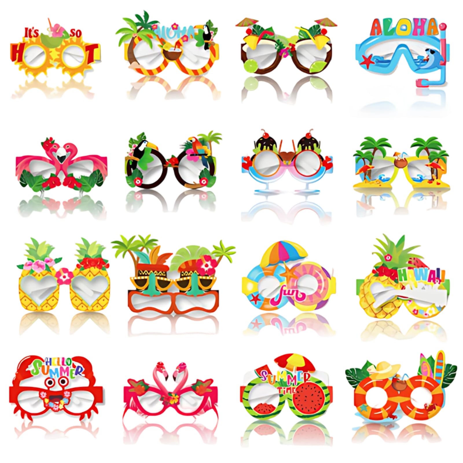 IAndhy Hawaiian Party Decorations, Summer Party Decoration, Beach Party Decorations, 16-Piece Tropical Glasses Set for Pool Party and Beach Party,15.5x13cm