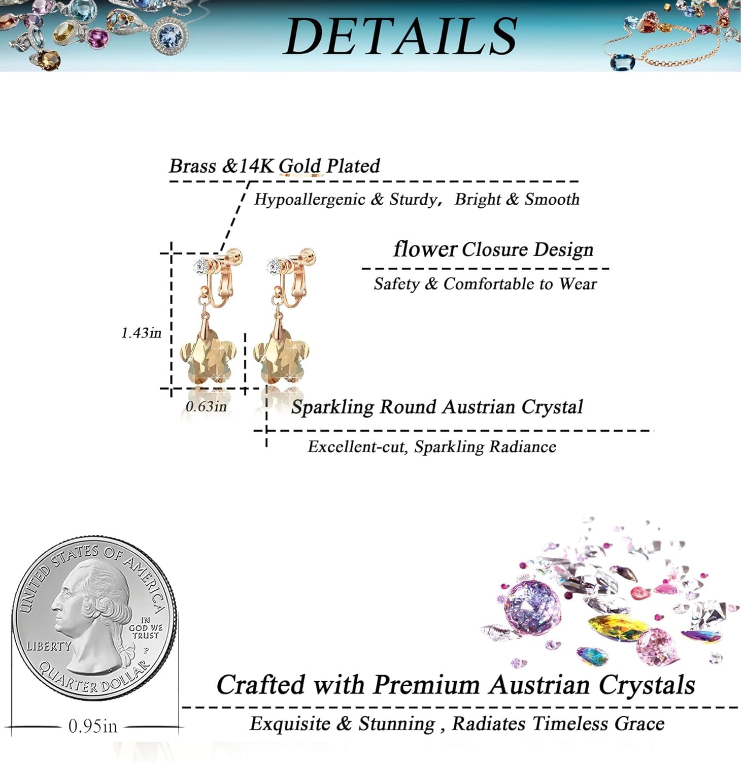 Austrian Crystal Flower Drop Clip On Earrings for Women Non Pierced 14K Rose Gold Plated Hypoallergenic Dangle Earring Jewelry - Image 2