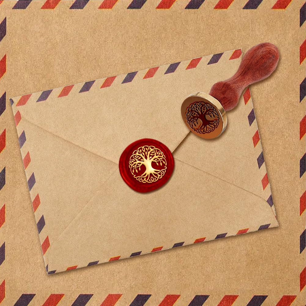 Tree of Life Wax Seal Stamp Embossed Stamp Sealing Vintage Elegant Removable Brass Seal Wood Handle Wedding Invitations Envelopes Gift Packing Decoration Craft Adhesive Waxing