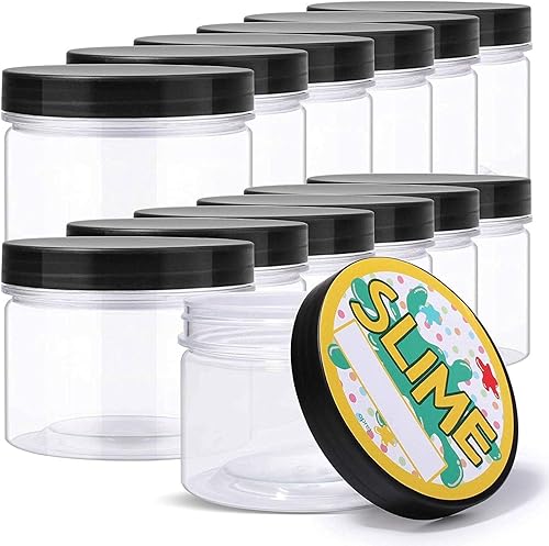 Opret Paquete de 12 recipientes vacíos de 10 onzas, grandes tarros de plástico con tapas y etiquetas organizadores de almacenamiento transparentes